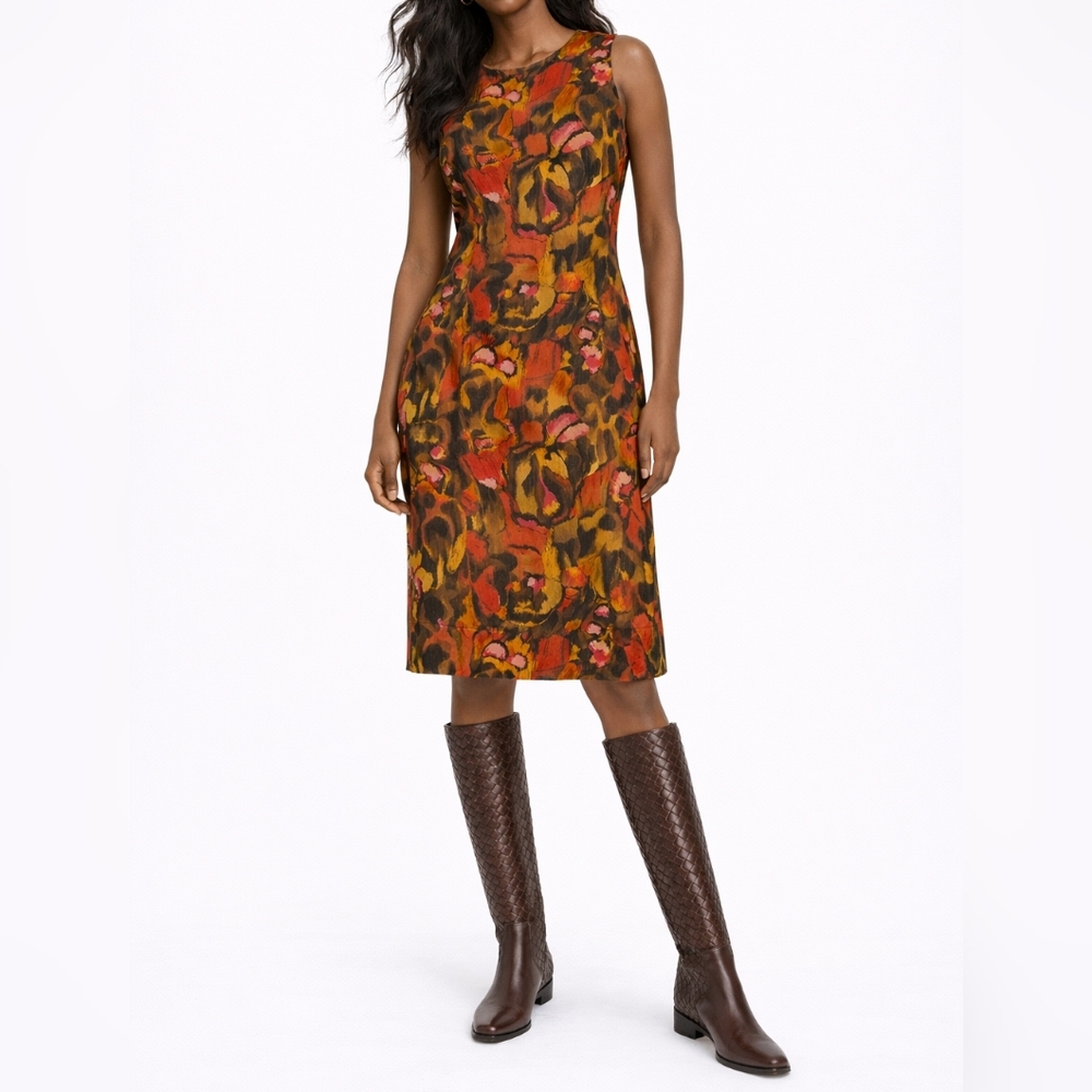 ISDA & Co Abstract Floral Ikat Sheath Midi Dress | 10 | Silk Blend Office Chic
